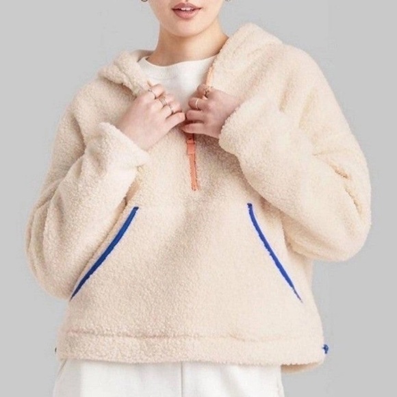 Wild Fable off white Sherpa hooded pullover quarter zip size large - Picture 1 of 7